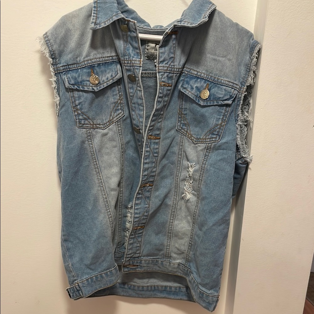 Blue Denim Vest with Distressed Sleeveless Style